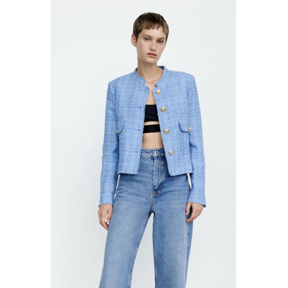 Zara Tweed‎ Jacket Blue Gold Crest Button Frayed Trim Padded Shoulder Large